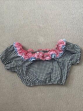 Rachel Antonoff Black and White Gingham Crop Top with Pink Blue Ruffle small